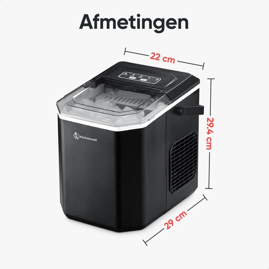 Kitchenwell Machine à glaçons - 1.3L - Machine à glaçons avec cuillère à glace - 12kg/24 heures - Fonction auto-nettoyante - Portable - Noir