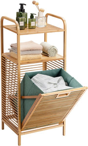 Meuble de salle de bains Coast 40,5 x 33 x 95,5 cm - Panier à linge à bascule - 2 étagères de rangement - Bambou/Toile