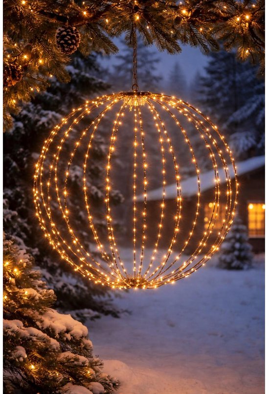 Globe lumineux - D50 cm - 320 LED - blanc chaud - avec minuterie - cadre noir - éclairage