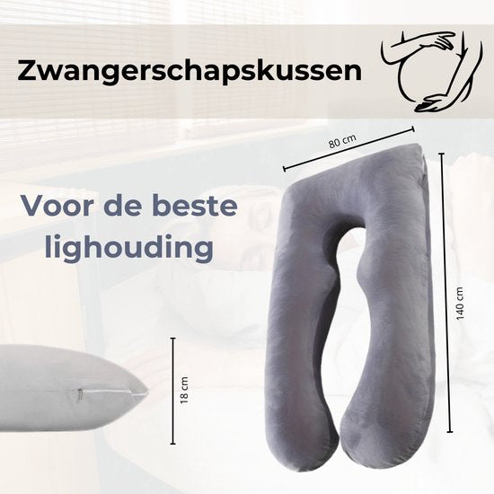 Oreiller de grossesse - XXL en forme de U - Oreiller de corps - Oreiller pour dormir sur le côté - Housse en peluche - Oreiller d'allaitement - 280 cm - Fermeture à glissière - Rheme