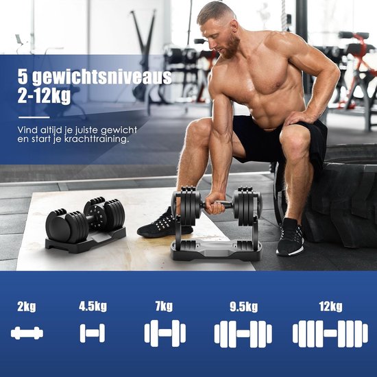 DH FitLife, ensemble d'haltères réglables de 2 à 12 kg avec 5 niveaux de poids, pour la musculation ; ensemble d'haltères courts avec disques peu encombrants pour l'entraînement à domicile ; haltères courts réglables, poids variables 5 en 1, lot de 2
