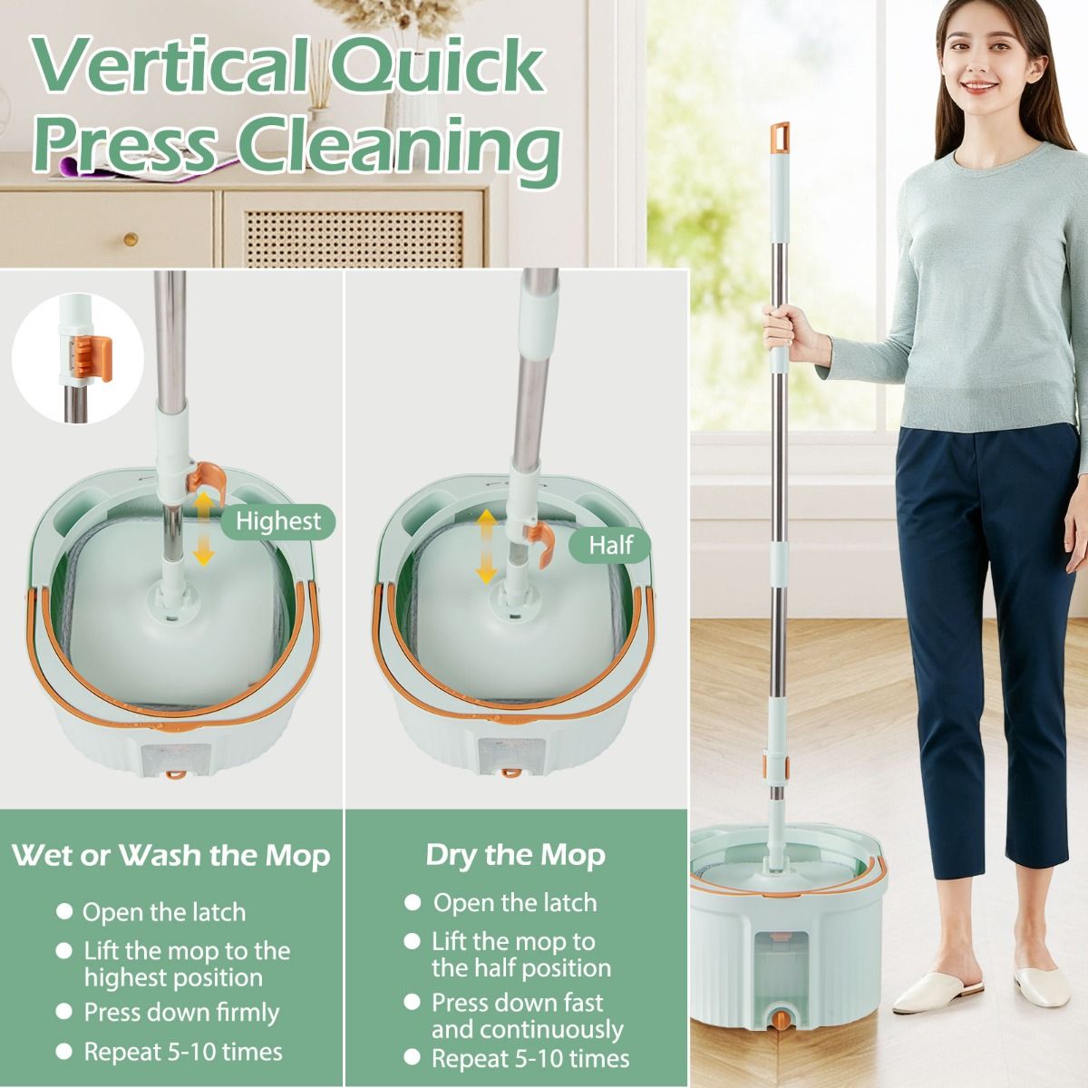 Kit de nettoyage et de seau Coast - Tête de balai à franges pivotante à 360° - Séparation de l'eau propre et de l'eau sale - Vert clair