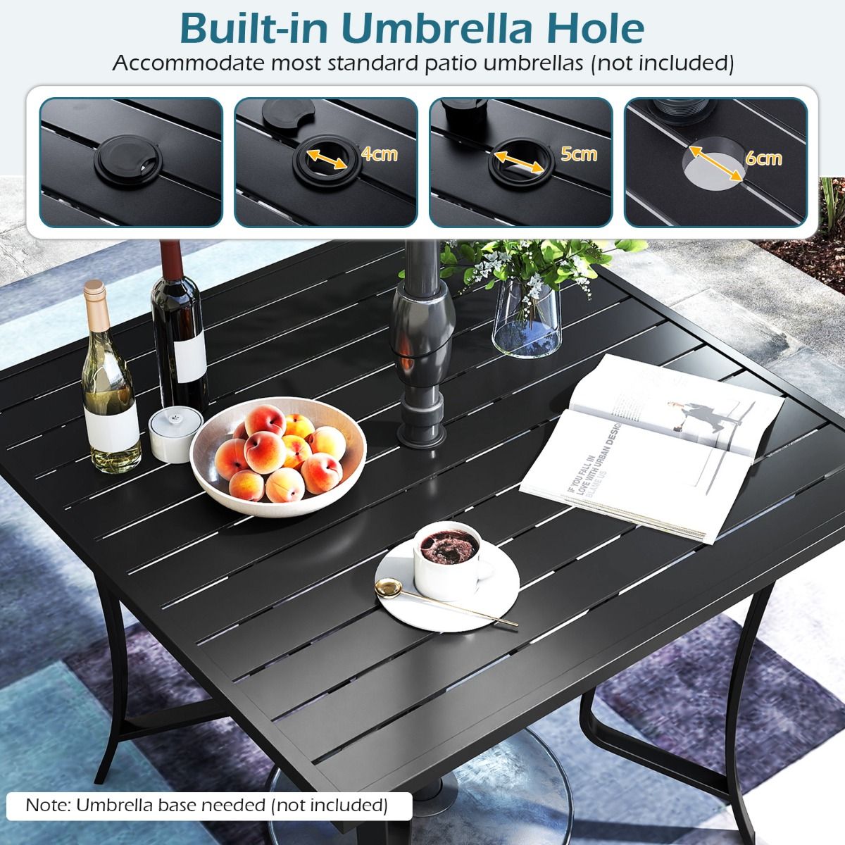 Table de jardin Coast avec trou pour parasol - table à manger carrée - plateau à lattes - noir - 91 x 91 cm