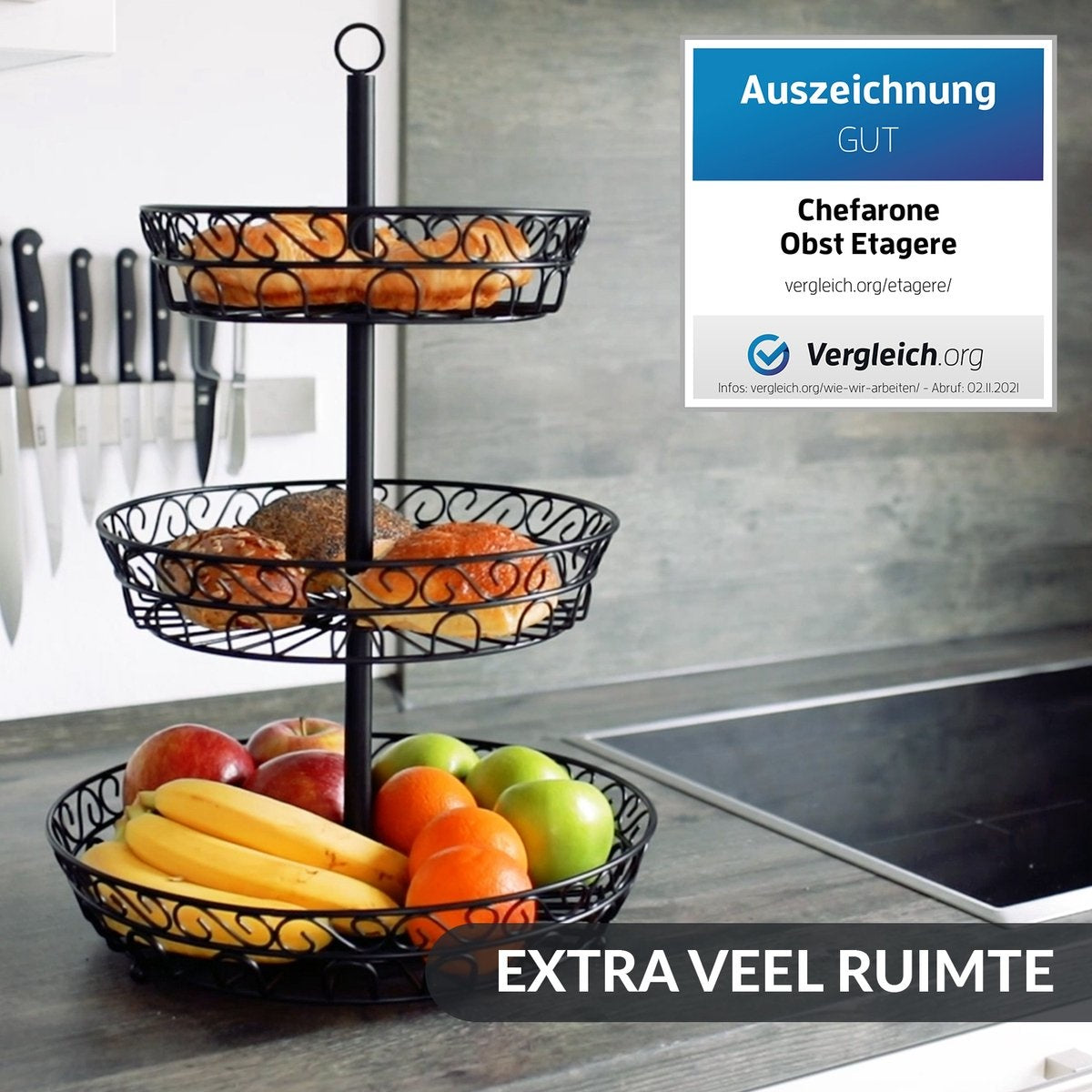 Étagère à Fruits - Chefarone - Corbeille à fruits - Coupe à fruits - Panier à légumes - Rangement - 3 étages - Métal - Noir