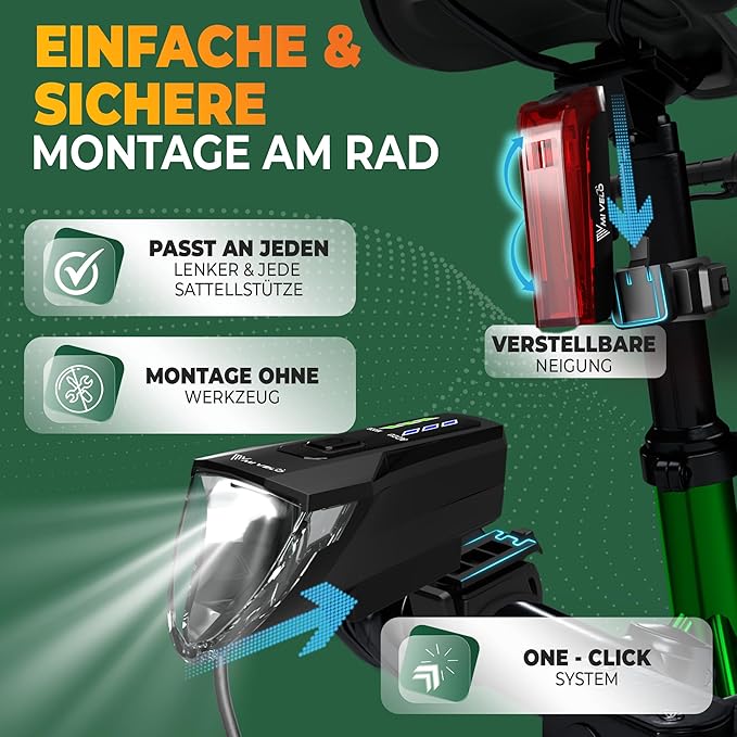 Kit d'éclairage pour vélo MIVELO – Rechargeable par USB et étanche – 70 lux – Noir