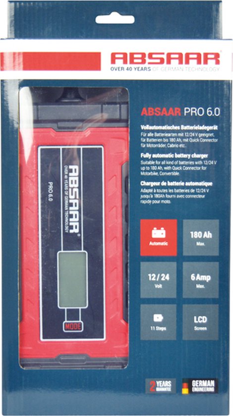 Chargeur de batterie Absaar Pro 6.0 (12/24 V - 6 A) 0-120/180 Ah Rouge/noir