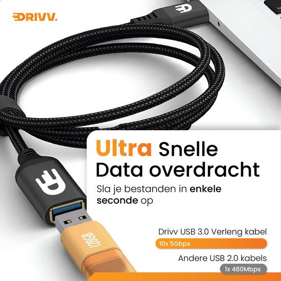 Drivv. Premium USB Extension Cable 3.0 - Male to Female - USB Data Cable - Fast Transfer - 5Gbps - Nylon - 5 Metres - Black