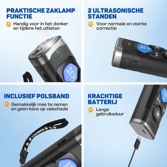 Vulpes Goods® Dispositif anti-aboiement à ultrasons - Dispositif anti-aboiement 4-en-1 Max - Sans choc - Collier anti-aboiement alternatif - pour petits et grands chiens - Audio - Lampe de poche - Lampe de poche - Rechargeable par USB