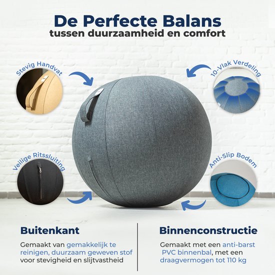 Ballon de siège Backerz 75 cm - Ballons de siège avec housse en lin - Chaise de bureau ergonomique pour le bureau et la maison - Ballon de yoga de luxe - Anthracite