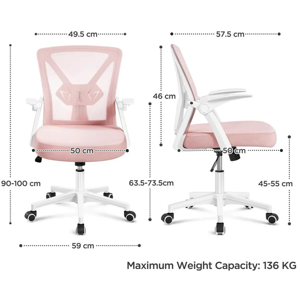 Chaise de bureau ergonomique Yaheetech réglable 59 x 57,5 x 90-100 cm - Rose - Chaise de bureau en maille avec accoudoirs rabattables et soutien lombaire