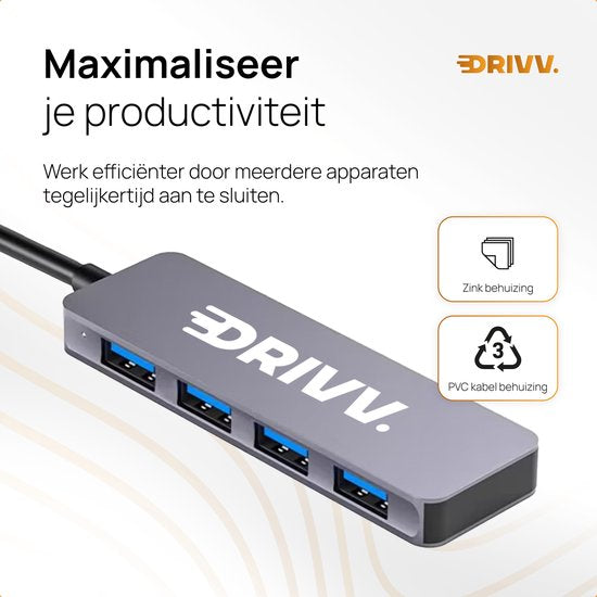 Drivv. Répartiteur USB 4 ports - USB 3.0A - Hub USB 3.0 - Boîtier aluminium - Gris