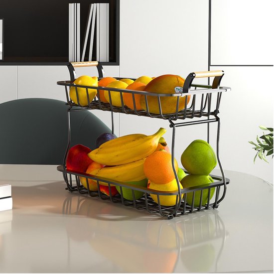 Posity Fruit Bowl 2 Layer - Fruit Basket - Fruit Etagere - Vegetable Basket - Wire Basket - Fruit Rack - Wood & Metal - Black