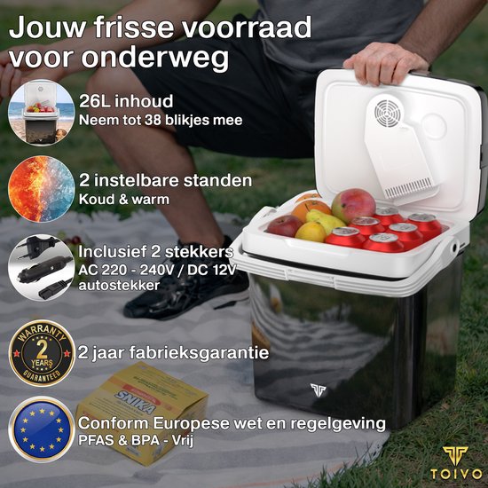 Glacière électrique Toivo - 26 litres - 12 V et 230 volts - Voiture - Réfrigérateur de camping - Refroidissement et chauffage - Glacière - Noir