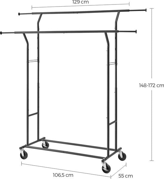 Porte-vêtements O'DADDY® sur roulettes - Portemanteau - Tringle à vêtements - Réglable et extensible - Roulettes industrielles - Métal - Stable jusqu'à 110 kg - Noir