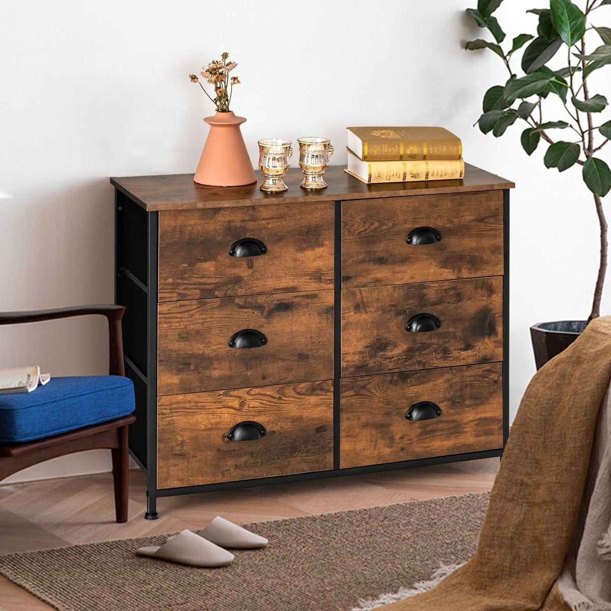 Commode Coast - avec 6 tiroirs - bois - 3 niveaux - brun rustique