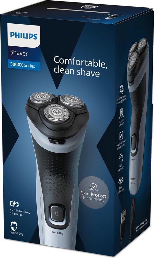 Philips Shaver 3000X X3003/00 – Rasage à sec et sous l'eau - Rasoir pour homme - Avec tondeuse – Bleu