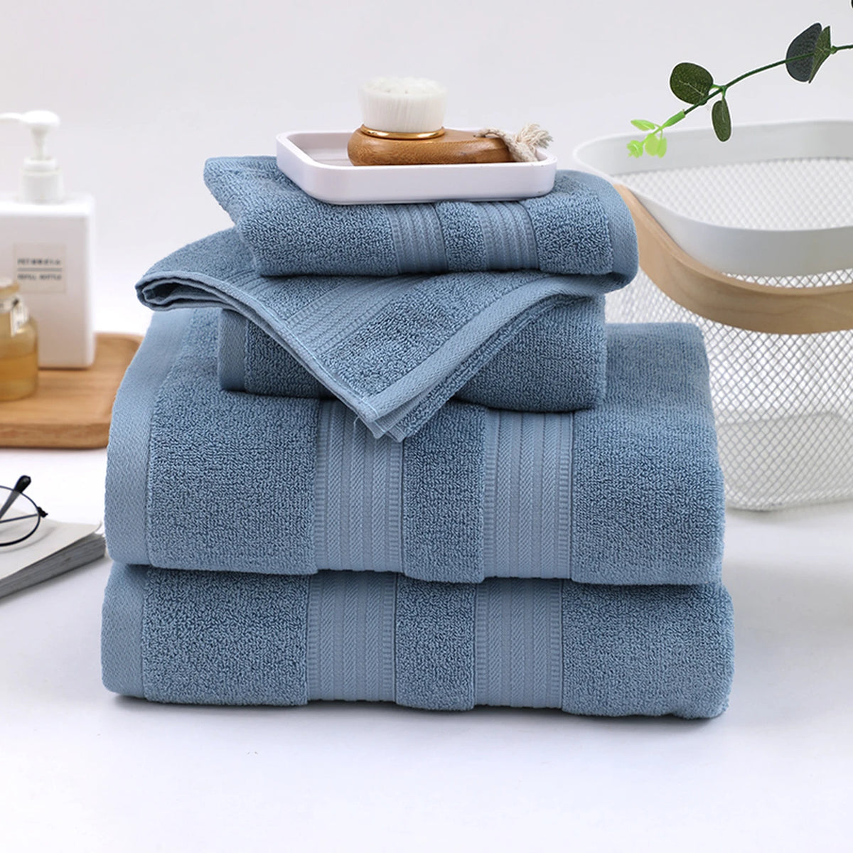 Lot de 4 serviettes de bain Tuqiang - Bleu - 100 % coton, fil brossé