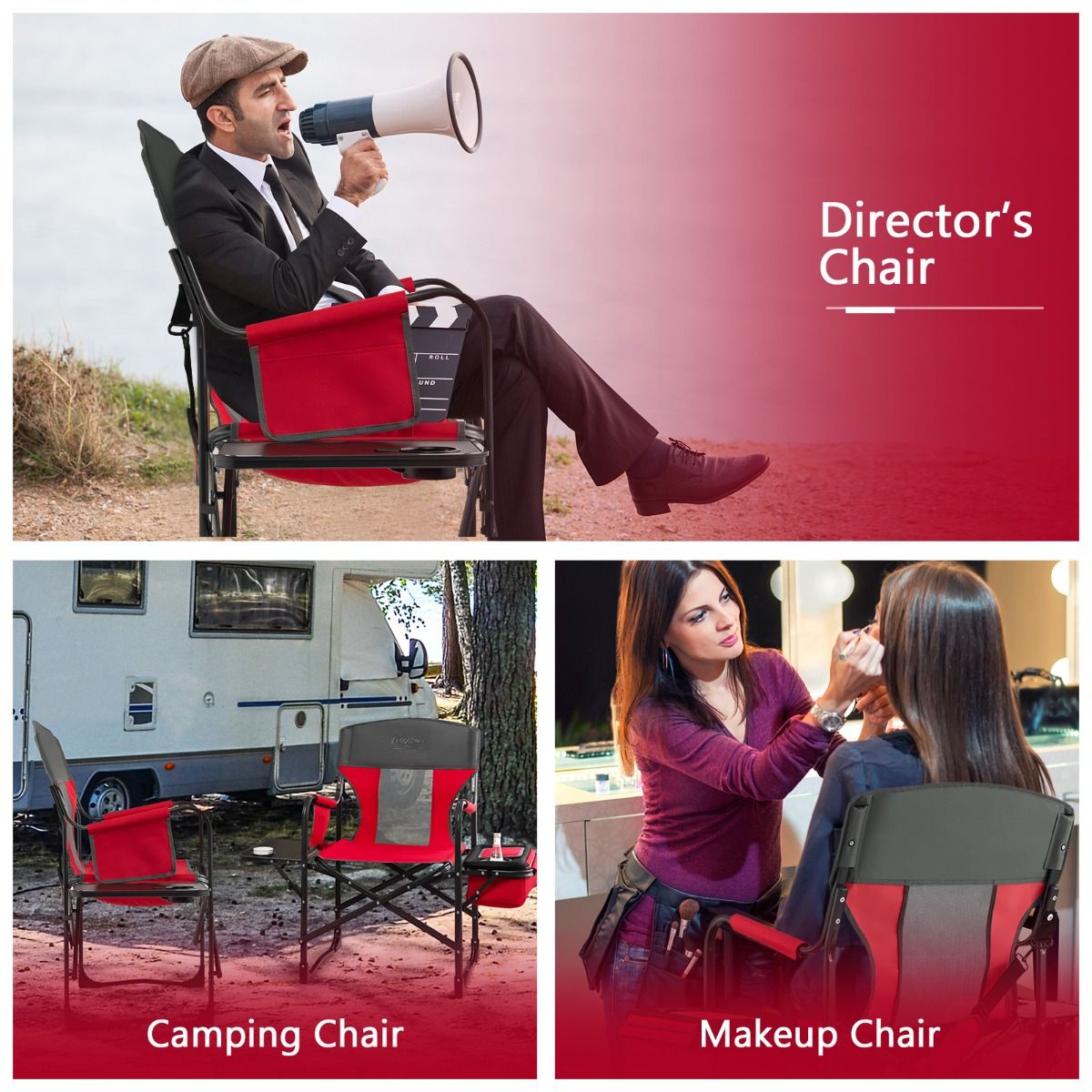 Chaise de camping Coast - avec table d'appoint et glacière - pliable - rouge