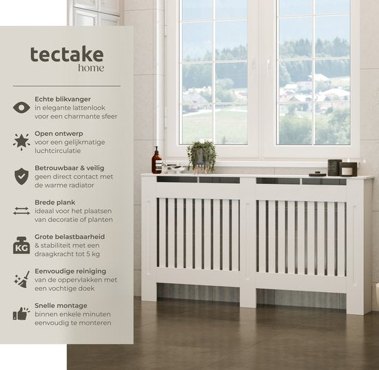 tectake® Cache-radiateur - Cache-radiateur - Panneau de radiateur - Enceinte de radiateur - Enceinte de chauffage - Caillebotis, avec étagère - Dimensions div. - 152,5x19x82cm - blanc