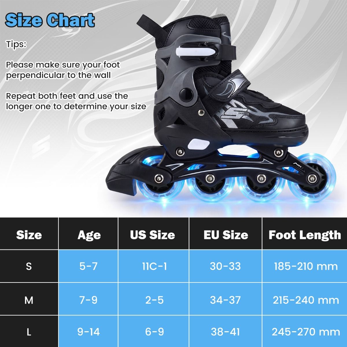 Rollers pour enfants Coast - Réglables sur 4 positions - Roues à LED - gris