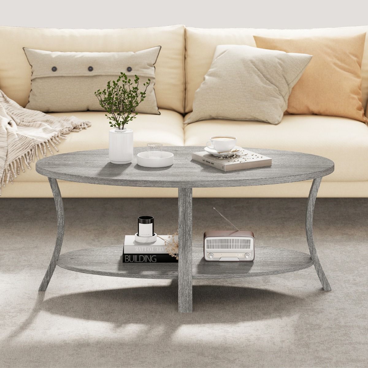 Table basse ovale Coast - 2 niveaux avec espace de rangement - bois d'hévéa - gris - 111 x 60,5 x 47 cm