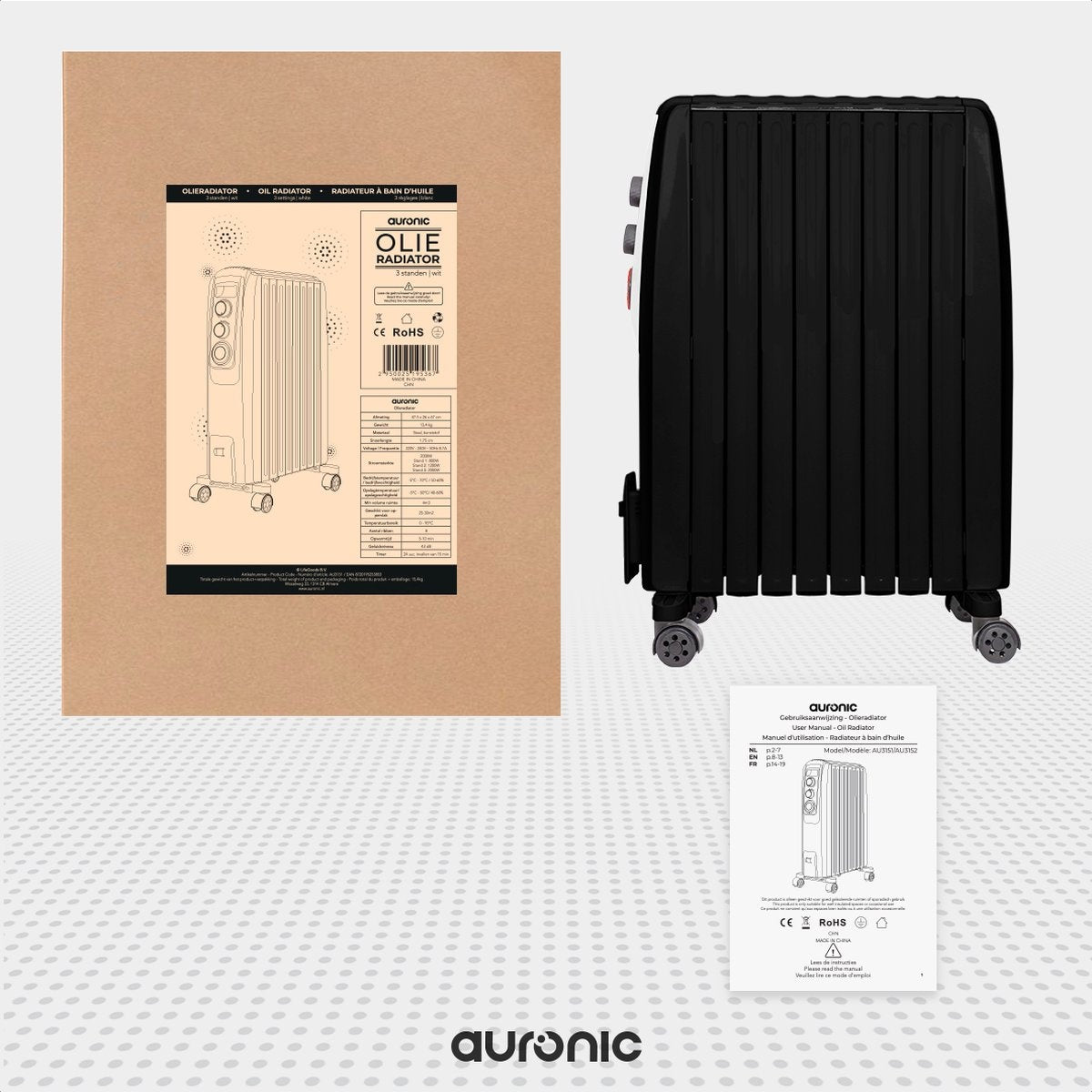 Radiateur à huile - Auronic - 3 niveaux - 2000W - Noir
