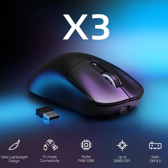 Souris gaming sans fil ATTACK SHARK - Filaire/2,4 GHz/BT 5.4 - Légère (49 g) - PAW3395 - 26 000 DPI - Noire