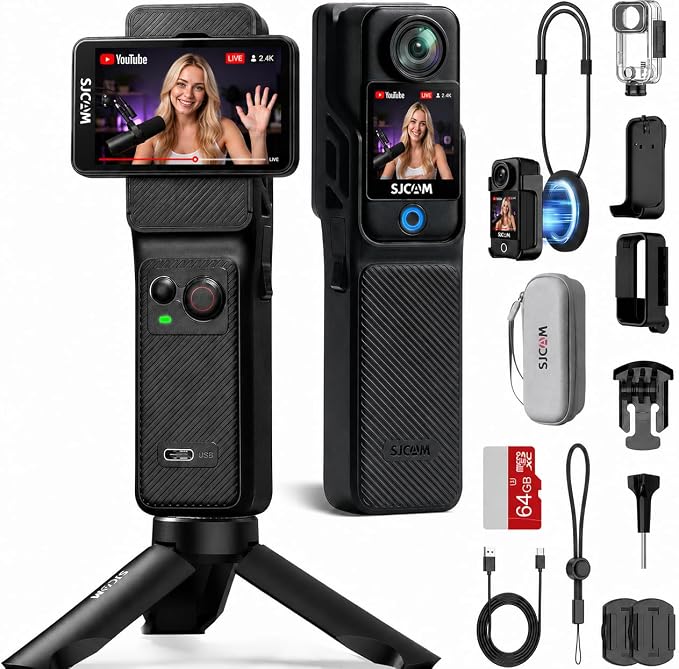 Caméra d'action SJCAM C400 4K, autonomie de 7 heures, stabilisation sur 6 axes, caméra de sport avec double écran tactile, étanche jusqu'à 30 mètres, caméra de vlogging avec kit d'accessoires, noire, carte de 64 Go incluse