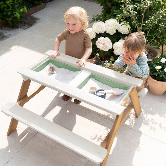 Table de pique-nique Sunny Dave « Zand & Water » en beige pour enfants - Table de pique-nique multifonctionnelle avec 2 bacs amovibles en plastique - Bois certifié FSC