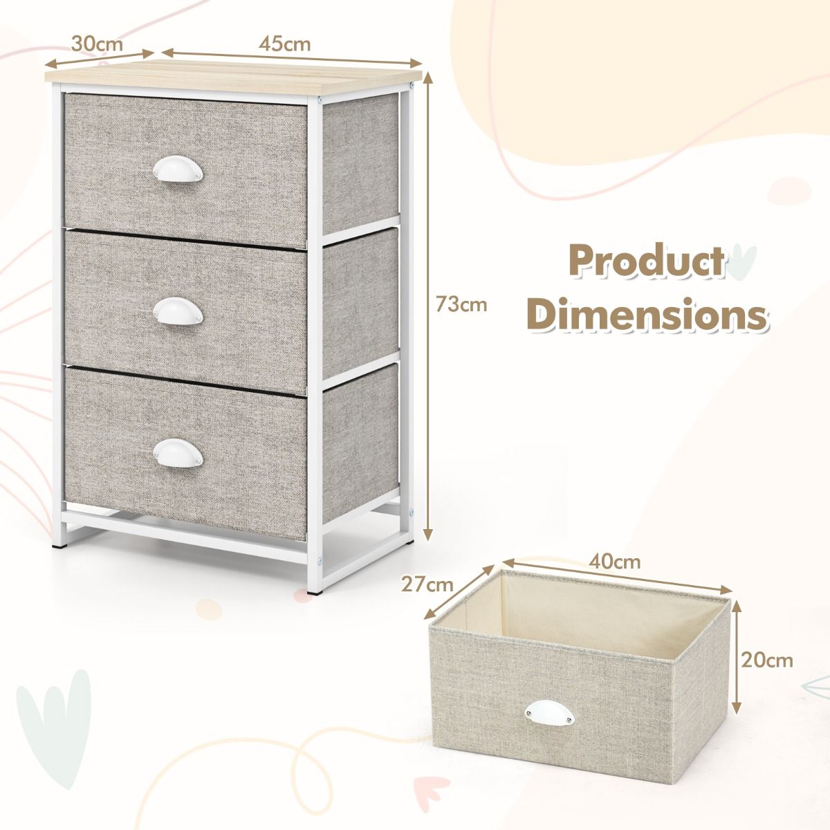 Commode Coast à 3 tiroirs - Meuble de rangement avec tiroirs rabattables - Structure métallique - Blanc et gris clair