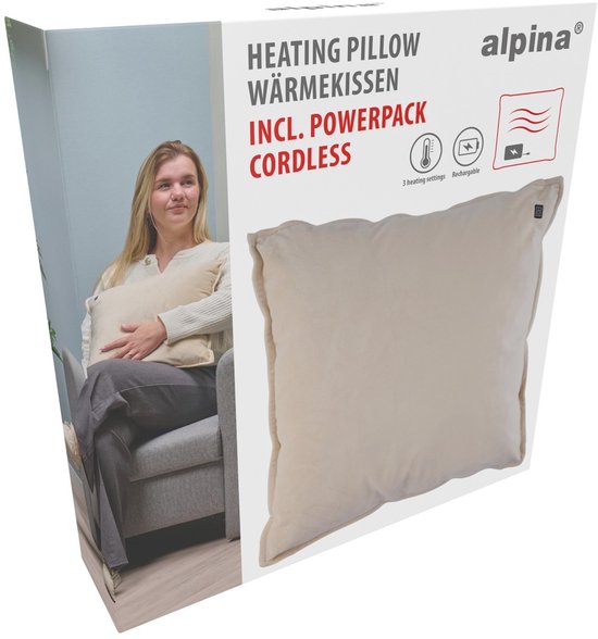 Coussin chauffant Alpina rechargeable avec batterie externe – Coussin chauffant électrique à 3 niveaux de chaleur – Coussin chauffant avec housse en polaire – 45 x 45 cm – Beige
