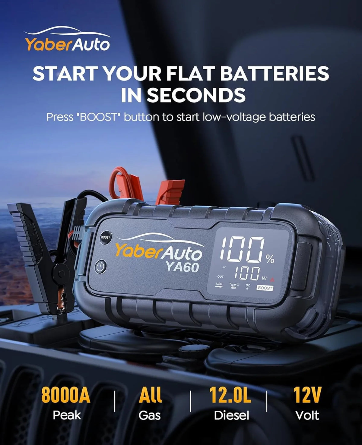 YaberAuto YA60 Jumpstarter 8000 A - 26 800 mAh - Charge rapide 65 W, LED