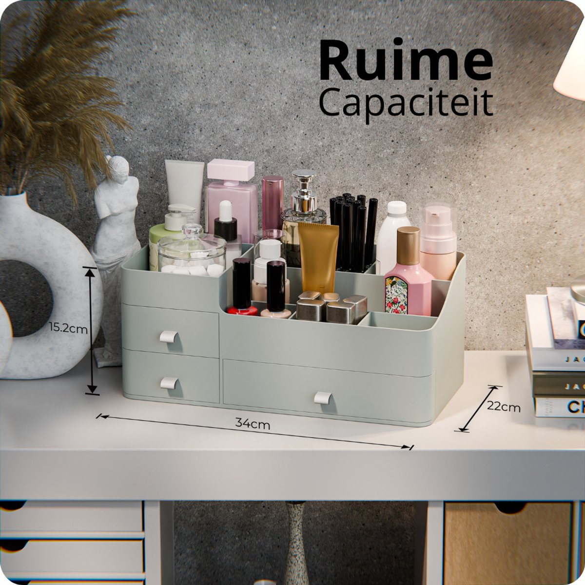 Organess Make-up Organiser 2024 - Acrylique vert - 3 tiroirs et 2 compartiments - Boîte de rangement pour les soins de la peau