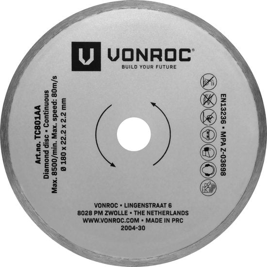 VONROC Lame de scie diamantée Ø180mm - Full edge - Universelle - Convient notamment à la scie à carreaux VONROC TC501AC