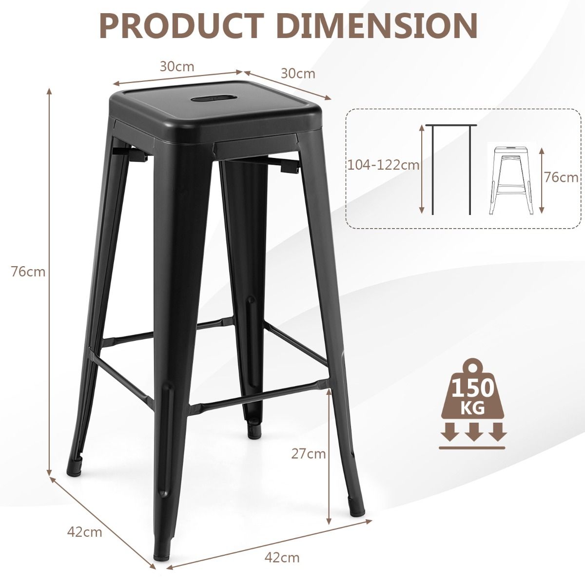 Ensemble de 4 tabourets de bar Coast - empilables - avec repose-pieds - noir - hauteur d'assise 76 cm