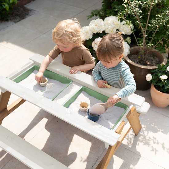 Table de pique-nique Sunny Dave « Zand & Water » en beige pour enfants - Table de pique-nique multifonctionnelle avec 2 bacs amovibles en plastique - Bois certifié FSC
