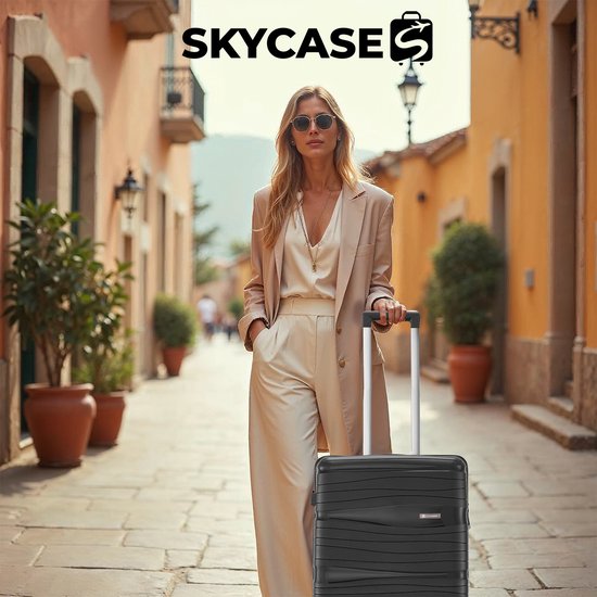 SKYCASES Travelin' Charm 4-Piece Trolley Set - Hand Luggage & Check-in Suitcases - 32L/60L/98L - Number Lock - 360° Noiseless Wheels - Lightweight & Sturdy - Modern Design - Black V2
