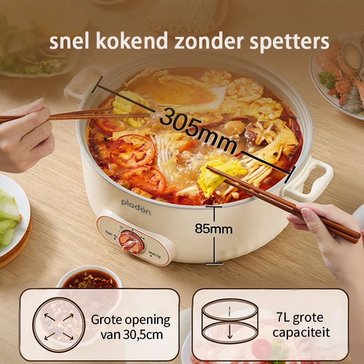 Marmite électrique Plodon 7 litres – Marmite multifonctionnelle avec revêtement antiadhésif – 1 600 W – Ø 30,5 x 8,5 cm – RHG-70XVv