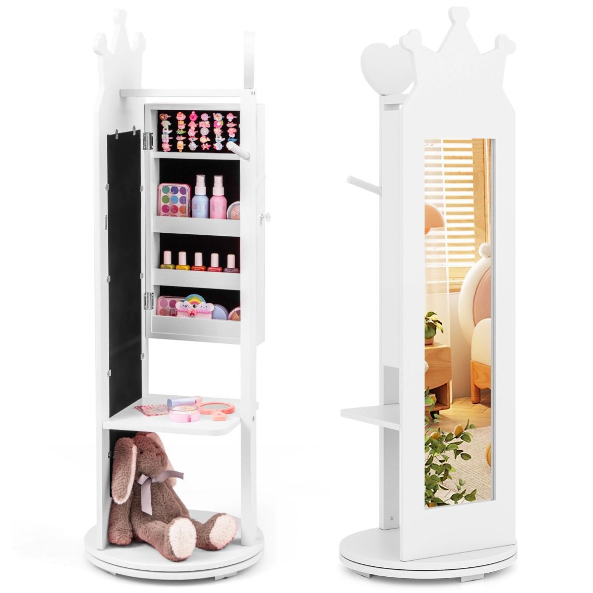 Coast : armoire à bijoux pour enfants - miroir sur pied - pied pivotant - cintre et étagères - rose/blanc