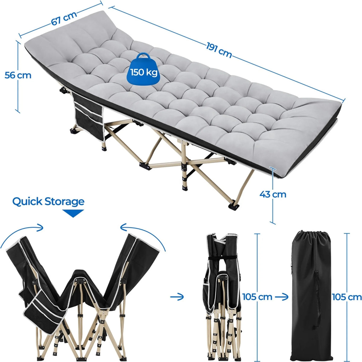 Yaheetech Camping Bed Foldable - Equipé d'un matelas confortable et d'un sac de transport pratique et de compartiments latéraux - Pour le camping et les chambres d'hôtes - Métal noir et tissu 600D Oxford - 191 x 67 x 56 cm