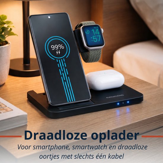 Chargeur sans fil 3-en-1 Grundig – Station de recharge rapide pour smartphone, montre connectée et écouteurs – Chargeur sans fil pour iPhone et Samsung – Chargeur sans fil – Design pliable