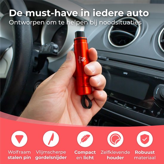 Nuvance - Marteau de sécurité - Marteau d'urgence - avec porte-adhésif et verre de test - Marteau de sauvetage - Coupe-ceinture - Marteau de voiture - Sécurité sur la route - Rouge