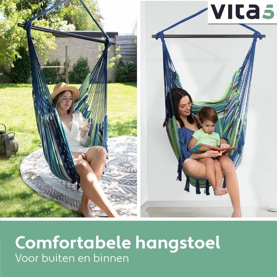 Vita5 XXL Chaise suspendue - Intérieur et extérieur - 2 coussins inclus - compartiment à livres - adultes - enfants - capacité de charge maximale 150kg - bleu/vert/blanc