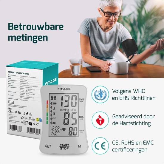 FITAGE Medical Tensiomètre pour le bras - Tensiomètres - Cardiofréquencemètre - Tensiomètre - Brassard 22-42cm - BLANC