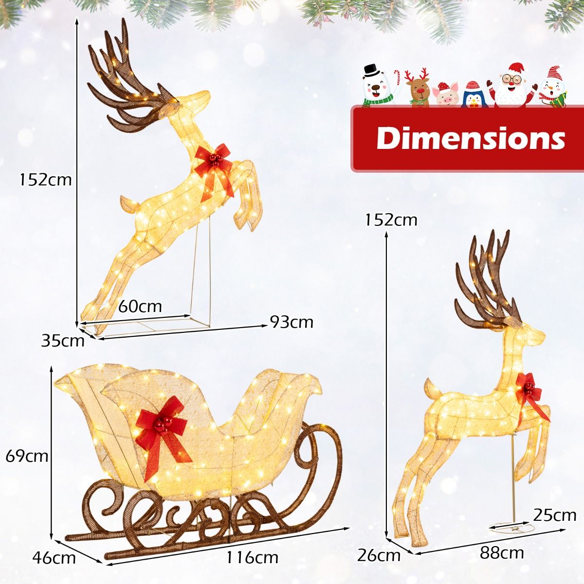 Ensemble Coast de 3 pièces avec renne et traîneau à LED - 280 lumières blanc chaud - multicolore
