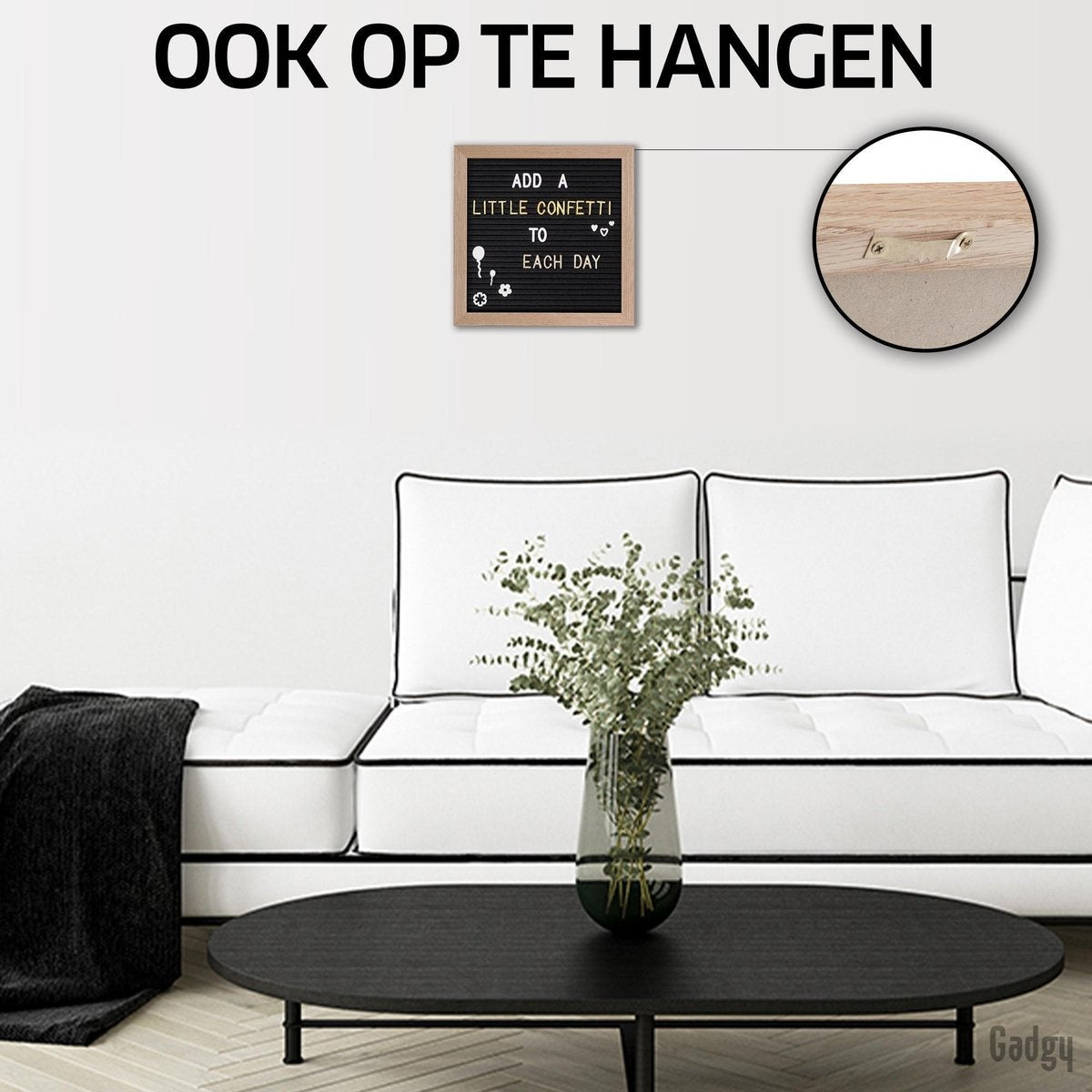 Gadgy Letterbord Zwart Vilt - Houten Lijst 25x25CM - Inclusief 570 Kleuren Letters en 100 Icoontjes - Wanddecoratie Woonkamer - Leuk Cadeau Verjaardag