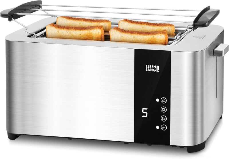 LEBENLANG - Grille-pain à fente longue - 4 tranches avec accessoire sandwich - Ecran tactile LED - 7 modes de brunissement - 1400 W