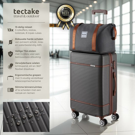 tectake® Set de valises - Set de voyage 13 pièces - Valises - Set de valises - Set de bagages Comprend une valise à main, une valise spacieuse, une trousse de voyage, une trousse de toilette, une trousse d'accessoires - Trolley avec serrure TSA - Anthraci