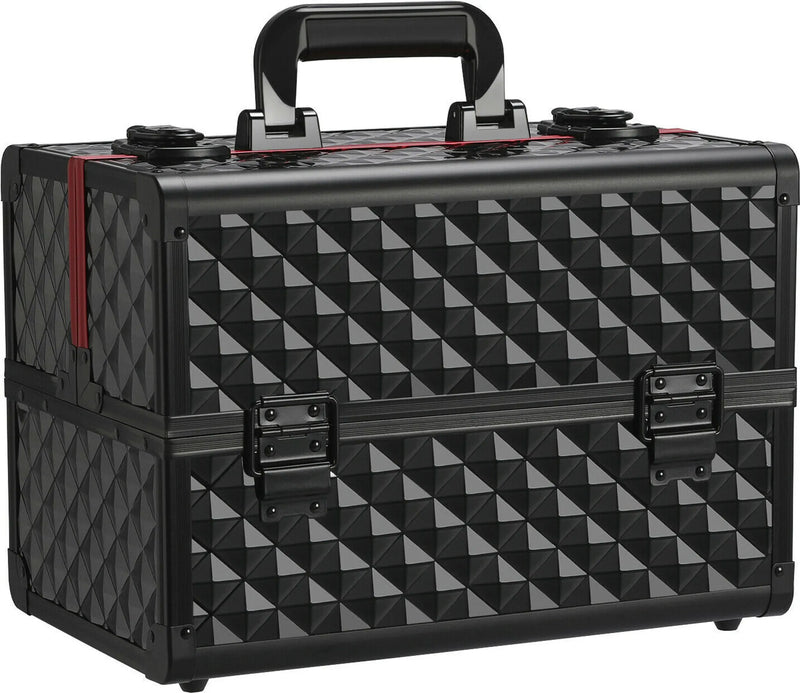 Yaheetech Mallette de maquillage à 3 étages - 34,7 x 22,2 x 25 cm - équipée de cloisons réglables, d'une doublure en velours et d'une serrure à clés - pour les coiffeurs et les esthéticiennes - aluminium noir et rouge