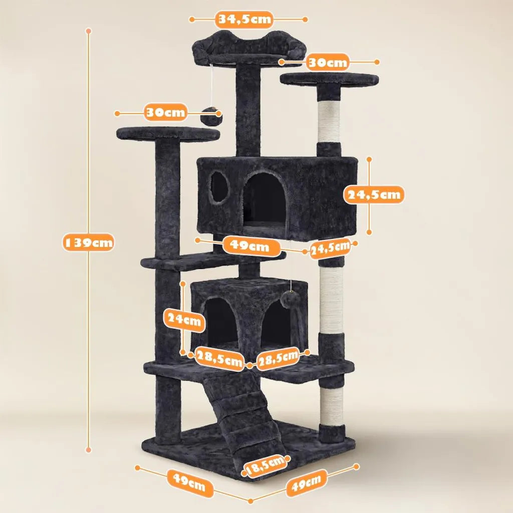 Yaheetech Poste à griffer pour chat 139 cm de haut - 3 plateformes d'observation - 2 enclos confortables pour chat - Noir